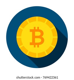 Bitcoin Money Circle Icon. Vector Illustration Flat Style with Long Shadow.