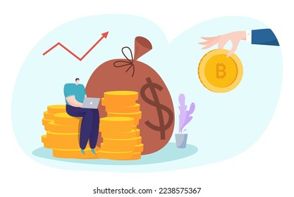 Concepto de dinero de bitcoin, ilustración vectorial, moneda de financiamiento criptográfico en mano enorme, personaje de hombre de negocios llano sentado cerca de una bolsa de divisas enorme.