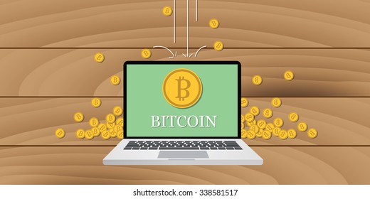bitcoin money with laptop and gold coin falling from sky