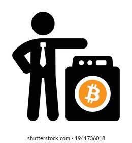 Icono vector de lavado de dinero de bitcoin, moneda digital descentralizada. El dinero ilegal de las drogas se convierte en BTC, concepto con empresario y lavadora.