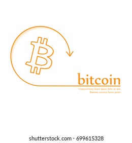 Bitcoin money stylized thin line art orange icon with text. Crypto-currency internet or electronic coin. Isolated vector banner for business