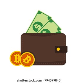 Bitcoin and Money Wallet Vector Illustration Graphic Design