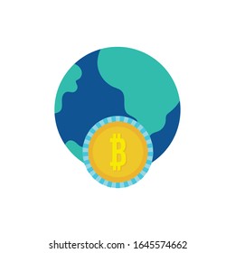 Bitcogeld mit Weltplanetyp, flache Vektorillustration