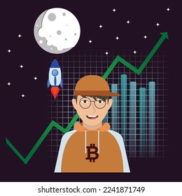 Bitcoin to the moon in bull trend market illustration