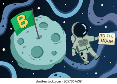 Bitcoin to the moon illustration. Price rise, good new, positive prediction image for web post, news, and blogs. Vector meme comic illustration of crypto astronaut and bitcoin flag on moon surface. 