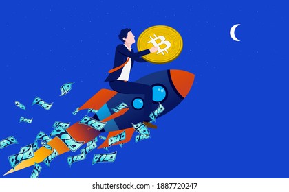 Bitcoin to the moon - Man on rocket holding coin, and money flying around. Businessman, institutions and companies buying cryptocurrencies concept. Vector illustration.  