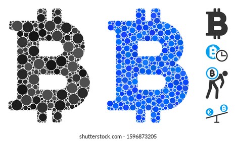 Bitcoin mosaic of circle elements in different sizes and shades, based on Bitcoin icon. Vector circle elements are combined into blue collage. Dotted Bitcoin icon in usual and blue versions.