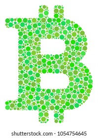 Bitcoin mosaic of circle elements in variable sizes and fresh green color tints. Vector round dots are grouped into bitcoin illustration. Ecology vector illustration.