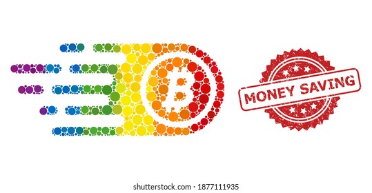 Bitcoin mosaic icon of circle elements in different sizes and LGBT multicolored color tones, and Money Saving rubber rosette seal imitation. A dotted LGBT-colored Bitcoin for lesbians, gays,