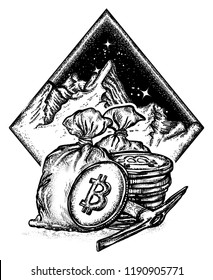 Bitcoin and mountains, new gold rush tattoo and t-shirt design. Cryptocurrency bitcoin mining symbol 