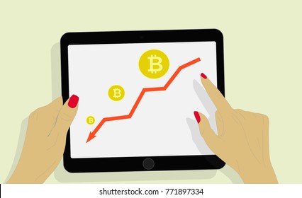 Bitcoin movement diagram. The graph of the change in the rate of the Crypto currency. Tablet in hands. Finance information.