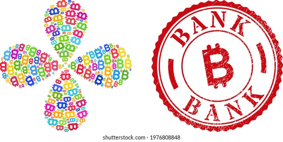 Bitcoin multi colored curl fireworks, and red round BANK corroded rubber print. Bitcoin symbol inside round rubber print. Element flower created from scattered bitcoin symbols.