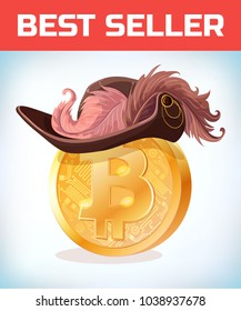 Bitcoin in Musketeer or pirate hat. Bitcoin. Digital currency. Crypto currency. Money and finance symbol. Miner bit coin criptocurrency. Virtual money concept. Cartoon Vector illustration.