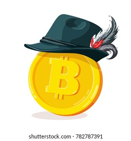 Bitcoin in National german hat. Cartoon digital currency. Gold cryptocurrency. Money and finance symbol. Miner bit coin criptocurrency. Vector illustration