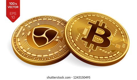 Bitcoin. Nem. 3D isometric Physical coins. Digital currency. Cryptocurrency. Golden coins with Nem and Bitcoin symbol isolated on white background. Vector illustration.