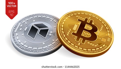 Bitcoin. Neo. 3D isometric Physical coins. Digital currency. Cryptocurrency. Silver coin with Neo symbol and golden coin with Bitcoin symbol isolated on white background. Vector illustration.