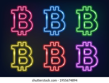 Bitcoin neon graphic symbol in different colors. Cryptocurrency logo in neon style. Glowing lines on a dark background.