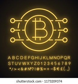 Bitcoin neon light icon. Virtual currency. Online banking. Bitcoin payment. Microchip pathways with coin inside. Glowing sign with alphabet, numbers and symbols. Vector isolated illustration