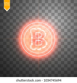 Bitcoin with neon red target on the transparent background with light. Vector