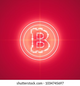 Bitcoin with neon red target on the red background with light.