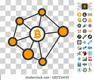 Bitcoin Net Nodes icon with bonus bitcoin mining and blockchain pictures. Vector illustration style is flat iconic symbols. Designed for blockchain websites.