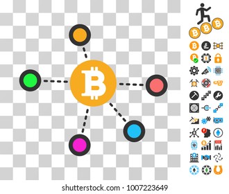 Bitcoin Net Nodes icon with bonus bitcoin mining and blockchain clip art. Vector illustration style is flat iconic symbols. Designed for crypto currency ui toolbars.