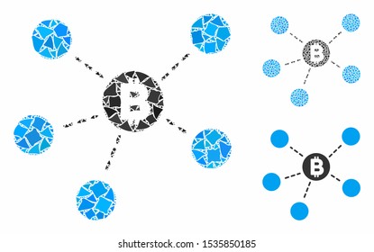 Bitcoin net structure mosaic of raggy parts in different sizes and color tints, based on Bitcoin net structure icon. Vector humpy parts are organized into collage.