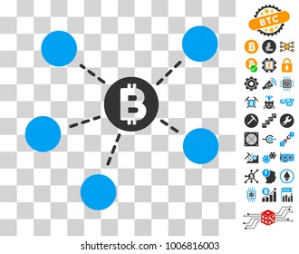 Bitcoin Net Structure pictograph with bonus bitcoin mining and blockchain design elements. Vector illustration style is flat iconic symbols. Designed for crypto currency websites.