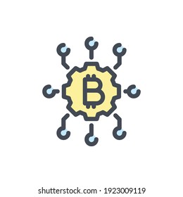 Icono de línea de color de red de bitcoin. Engranaje con conexiones y señal colorida del contorno del vector de bitcoines.