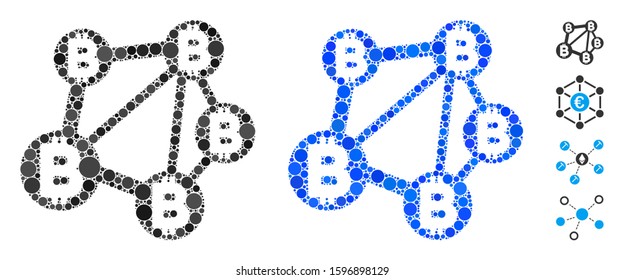 Bitcoin network composition of round dots in different sizes and color tinges, based on Bitcoin network icon. Vector round dots are composed into blue composition.