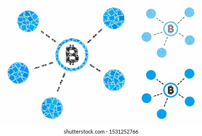 Bitcoin network composition of trembly pieces in different sizes and shades, based on Bitcoin network icon. Vector bumpy dots are composed into composition.