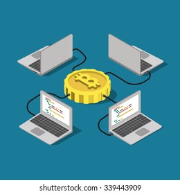 Bitcoin Network Connection Online Mining  Flat 3d Isometry Isometric Concept Web Infographics Vector Illustration. Laptop Computer Connected To Bit Coin. Creative People Collection.