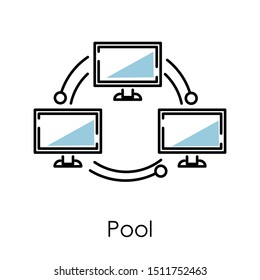Bitcoin network connection or pool, online mining, monitors and arrows isolated icon vector. Computer connected, cryptocurrency earning and web business. Storage and exchange on network market