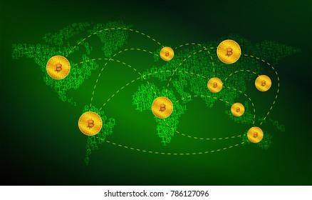 bitcoin network with digital world map background in vector illustrative. Bitcoin is crytocurrency create in blockchain technology for future