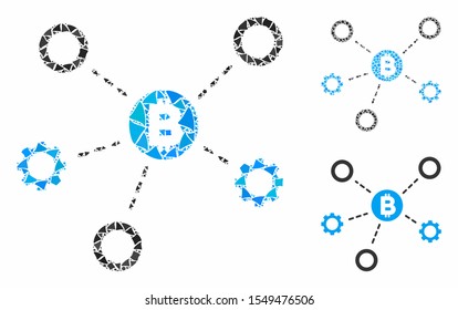 Bitcoin network nodes composition of bumpy pieces in different sizes and color hues, based on Bitcoin network nodes icon. Vector bumpy items are organized into composition.