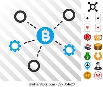 Bitcoin Network Nodes icon with bonus gamble symbols. Vector illustration style is flat iconic symbols. Designed for gamble websites.