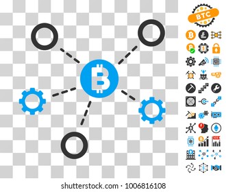 Bitcoin Network Nodes pictograph with bonus bitcoin mining and blockchain pictures. Vector illustration style is flat iconic symbols. Designed for crypto currency ui toolbars.