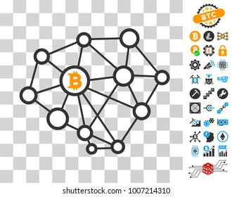 Bitcoin Network Nodes pictograph with bonus bitcoin mining and blockchain icons. Vector illustration style is flat iconic symbols. Designed for cryptocurrency websites.