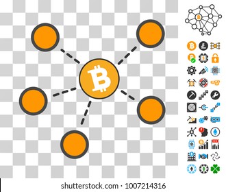 Bitcoin Network pictograph with bonus bitcoin mining and blockchain pictograms. Vector illustration style is flat iconic symbols. Designed for bitcoin ui toolbars.