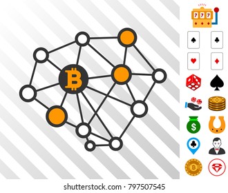 Bitcoin Network Structure icon with bonus gambling images. Vector illustration style is flat iconic symbols. Designed for casino gui.
