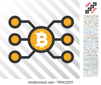 Bitcoin Node Links pictograph with 7 hundred bonus bitcoin mining and blockchain images. Vector illustration style is flat iconic symbols design for cryptocurrency websites.