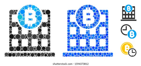 Bitcoin office building composition of filled circles in various sizes and color hues, based on Bitcoin office building icon. Vector filled circles are organized into blue composition.