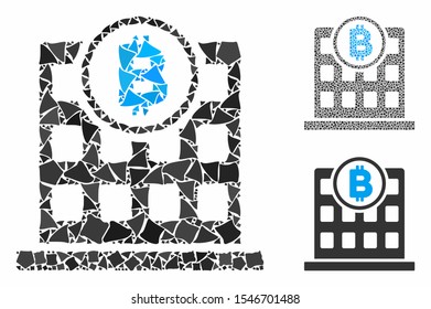 Bitcoin office composition of bumpy parts in different sizes and color hues, based on Bitcoin office icon. Vector raggy parts are grouped into collage.