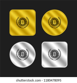 Bitcoin with olive leaves at both sides gold and silver metallic coin logo icon design