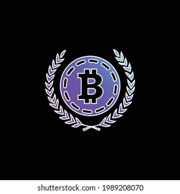 Bitcoin con hojas de olivo en ambos lados icono de vector de gradiente azul