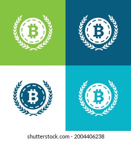 Bitcoin con hojas de olivo a ambos lados Plano cuatro colores conjunto de iconos mínimo