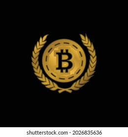 Bitcoin con hojas de olivo a ambos lados icono metálico chapado en oro o vector de logotipo