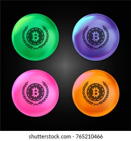 Bitcoin with olive leaves at both sides crystal ball design icon in green - blue - pink and orange.