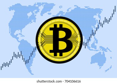 bitcoin on the background map of the world and the currency exch