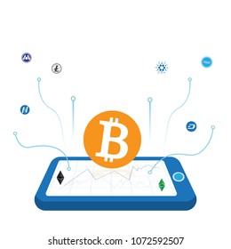 Bitcoin on blue telephone. Business concept of searching best idea to make money. Investing in digital currency. money Investing in cryptocurrency. vector, illustration